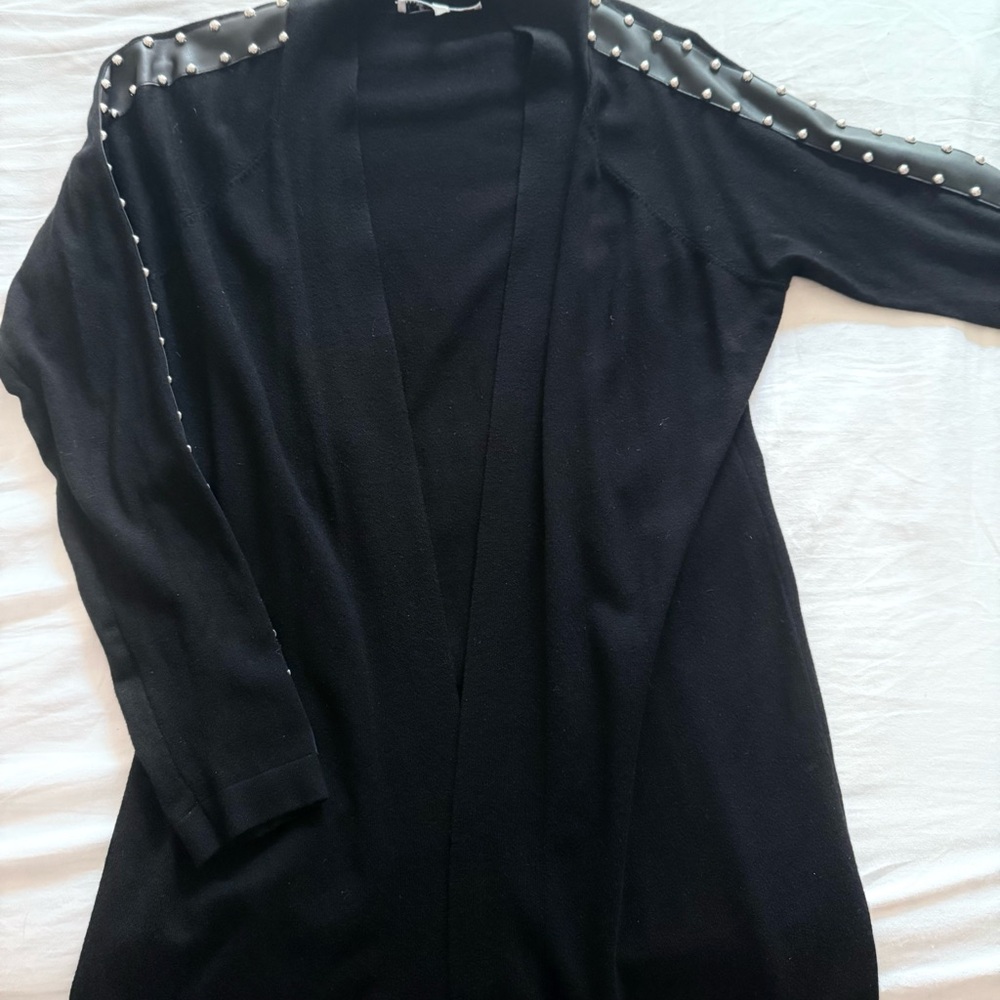 Sioni Black Cardigan with Black Leather Studded Sleeves